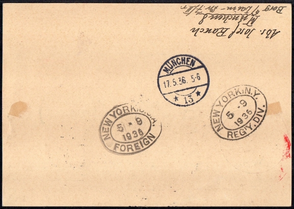 Deutsche Luftpost, Postkarte auf Einschreiben 1936.